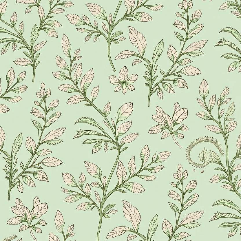 Ornate Boho Garden Vine Motif with Stylized Blooms (Green) - ODIKA