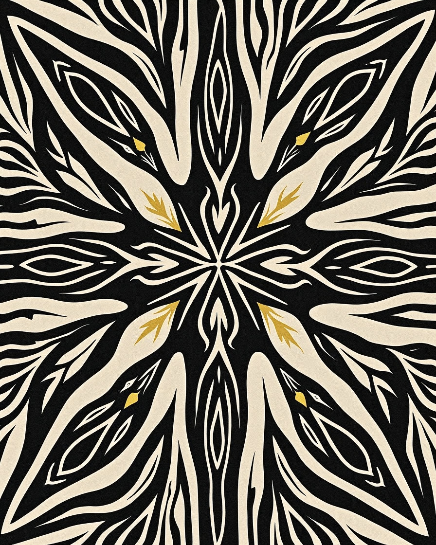 Abstract Botanical Burst with Fluid Leaf Swirls (Black) - ODIKA