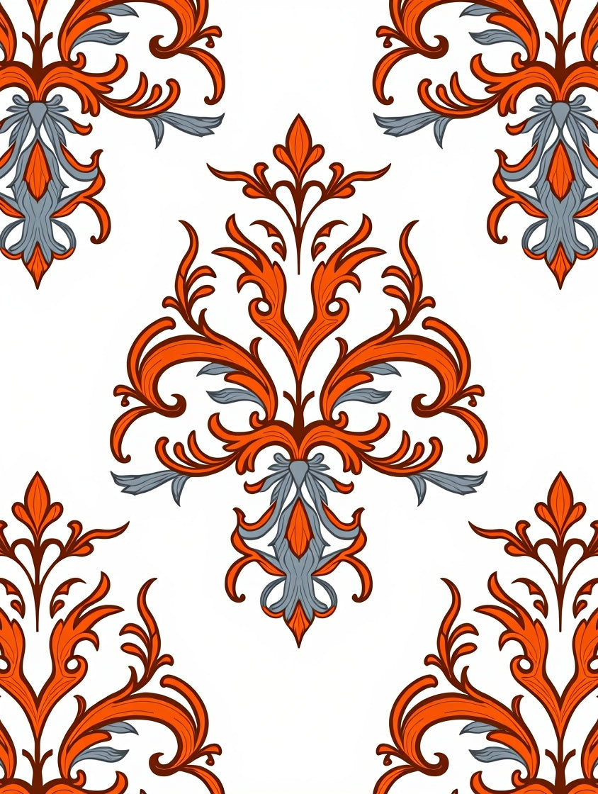 Distressed Damask Scroll with Weathered Finish Effects (Orange) - ODIKA