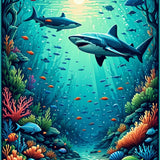 Nautical Shark Design Area Rug with Intricate Ocean Life Patterns(Blue)