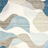 Modern Wavy Abstract Area Featuring Beige Cream and Muted Blue Swirls(Beige)