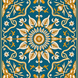 Retro Floral Medallion Motif with Distressed Ornate Botanical Detailing(Blue)