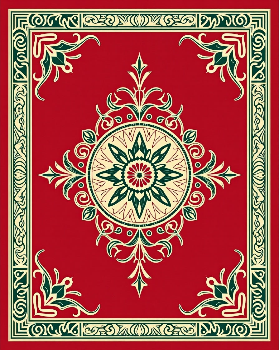 Vintage Botanical Medallion Print with Distressed Art Nouveau Motifs (Red) - ODIKA