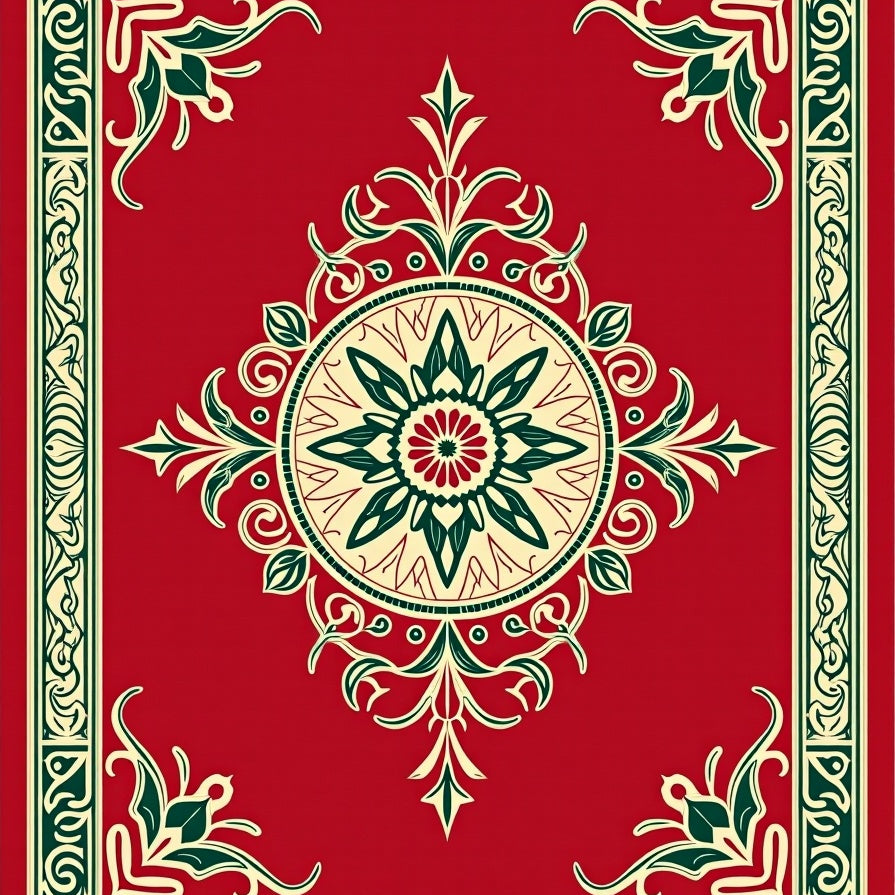 Vintage Botanical Medallion Print with Distressed Art Nouveau Motifs (Red) - ODIKA