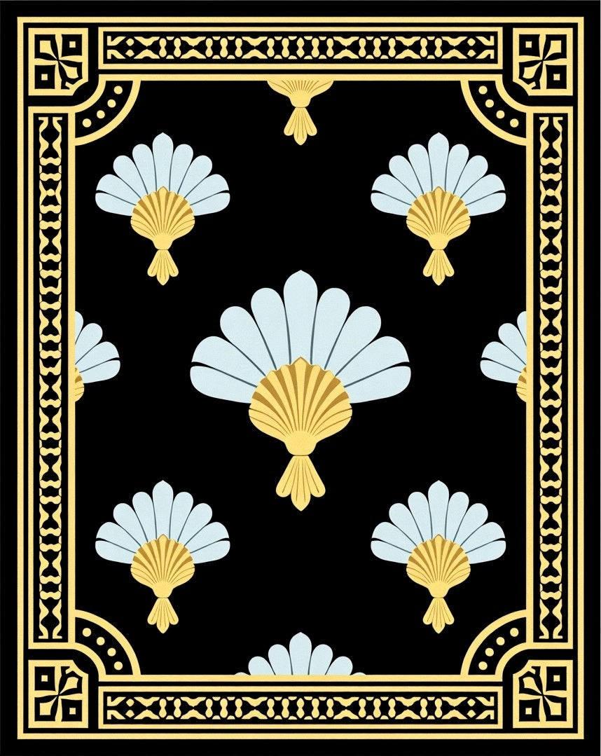 Art Fan Motif with Metallic Accents and Symmetrical Layout (Black) - ODIKA