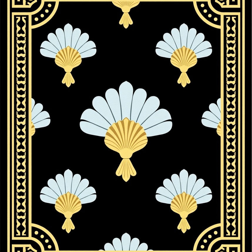 Art Fan Motif with Metallic Accents and Symmetrical Layout (Black) - ODIKA
