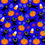 Cartoon Whimsical Black Cat Parade with Playful Halloween Motifs(Blue)