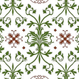 Classic Damask Floral with Symmetrical Leafy Scroll and Bloom (Green)