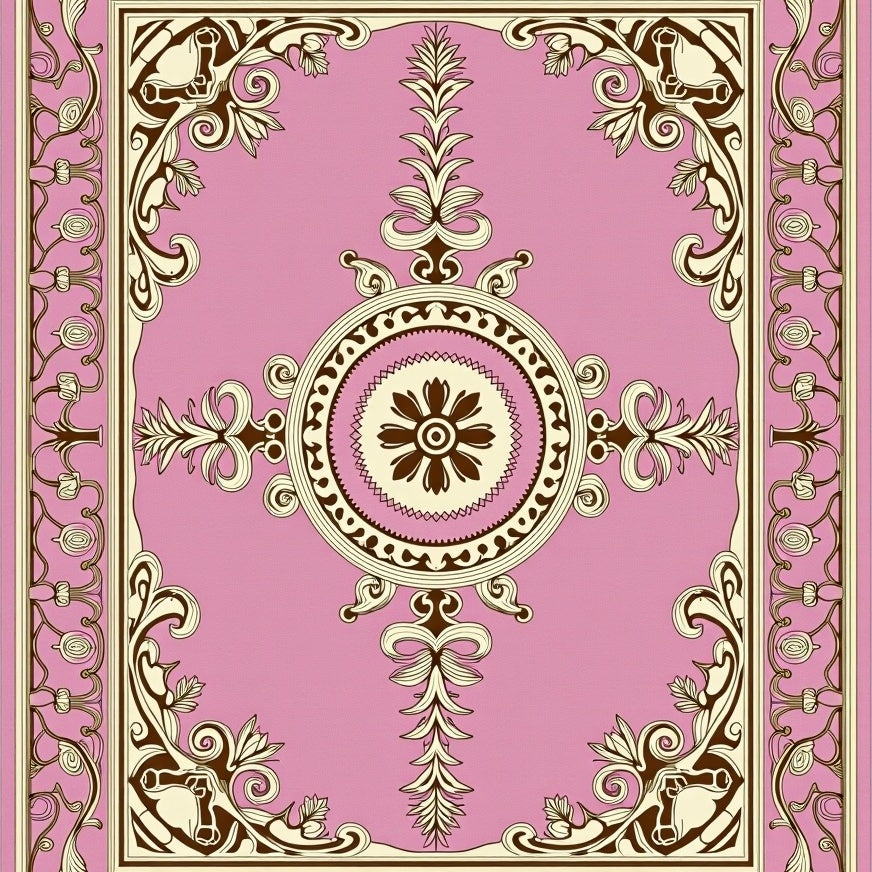 Kamran Medallion Revival Motif with Ornate Scrollwork and Botanical Accents (Pink) - ODIKA