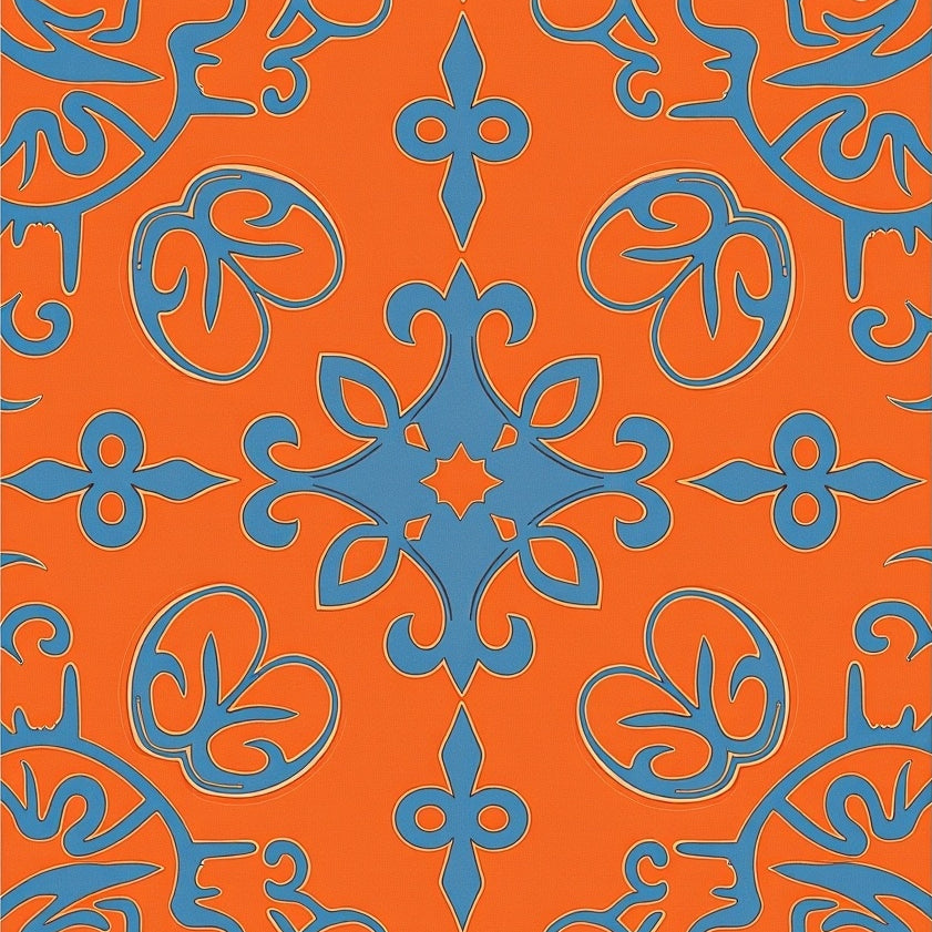 Vintage Ornate Damask with Flowing Scrolls and Abstract Floral (Orange) - ODIKA