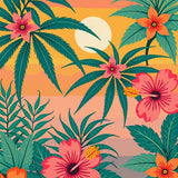 Tropical Sunset Palm Fronds with Hibiscus Blooms(Orange)