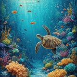 Vibrant Underwater Paradise With Sea Turtles Swimming Among Coral Reef(Blue)