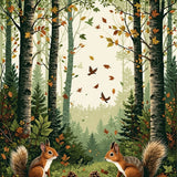 Nature s Pathway with Rustic Trees Forest Animals and Autumn Leaves(Brown)