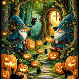 Enchanted Pumpkin Patch Gnome Area Rug Magical Autumn Entrance Carpet(Blue)