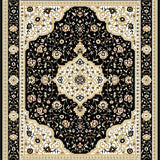 Elegant Black and Beige Medallion Area with Ornate Oriental Motifs(Black)