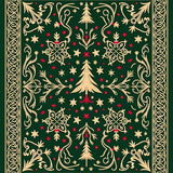 Scandinavian Folk Tree Motif with Twinkling Accents and Swirling Vines(Green)