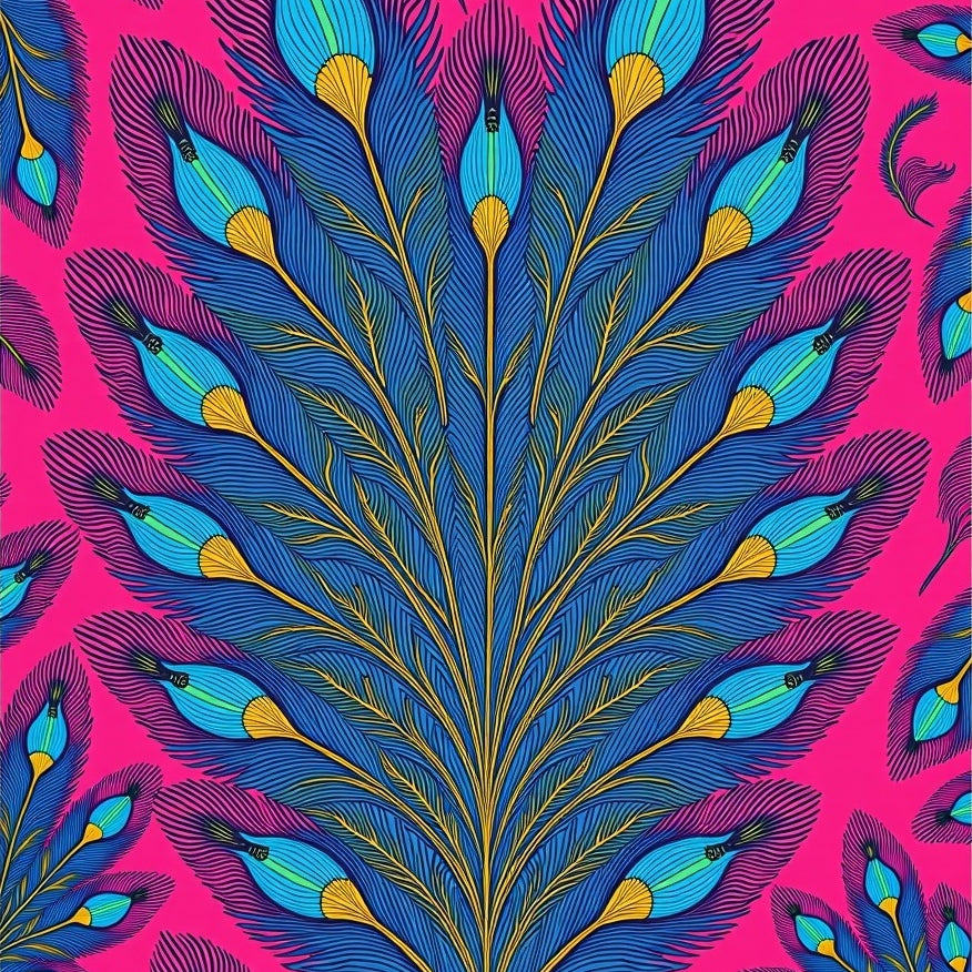 Vibrant Peacock Feather Motif with Iridescent Details (Pink) - ODIKA