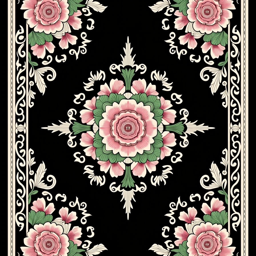 Vintage Floral Medallion with Victorian Rose Bouquets (Black) - ODIKA