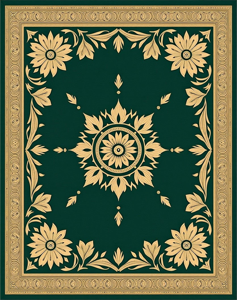Floral Mosaic Arrangement with Petal Motifs and Subtle Ornate Borders (Green) - ODIKA