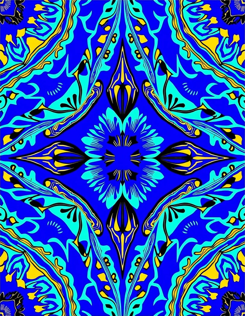 Boho Floral Throw with Abstract Leaf and Interlocking Shapes (Blue) - ODIKA