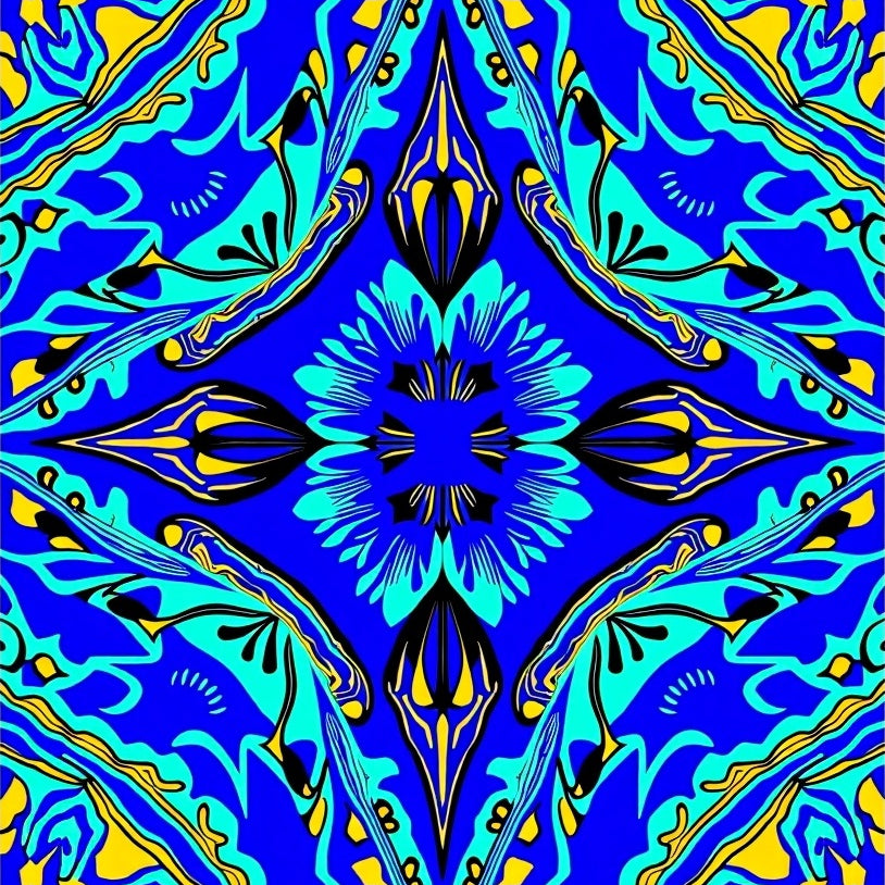 Boho Floral Throw with Abstract Leaf and Interlocking Shapes (Blue) - ODIKA