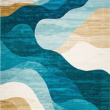 Coastal Journey Area Dark Blue Beige Wave Abstract(Blue)