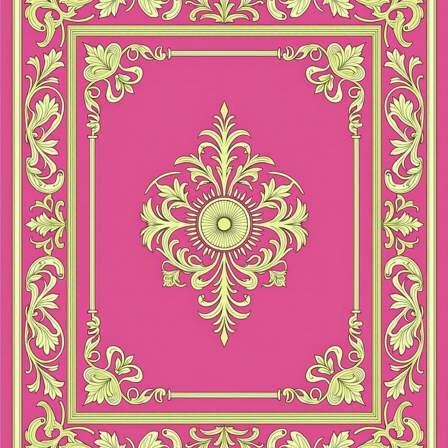 Heritage Damask Motif with Ornate Filigree and Central Floral Emblem (Pink) - ODIKA
