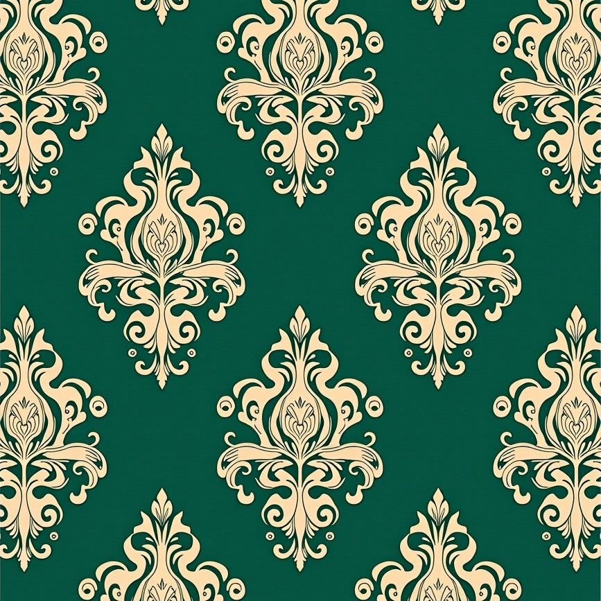 Damask Scroll with Baroque Floral Medallions (Green) - ODIKA