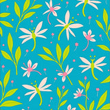 Floral Leaf Cascade with Dancing Dragonflies and Abstract Botanic (Blue)