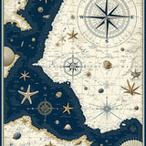 Vintage Nautical Map Inspired Featuring Starfish and Sea Shell Silhouettes(Blue)