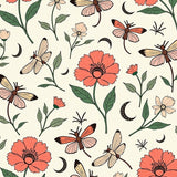 Enchanted Poppy Meadow with Moths and Moon Botanical Art(Coral)