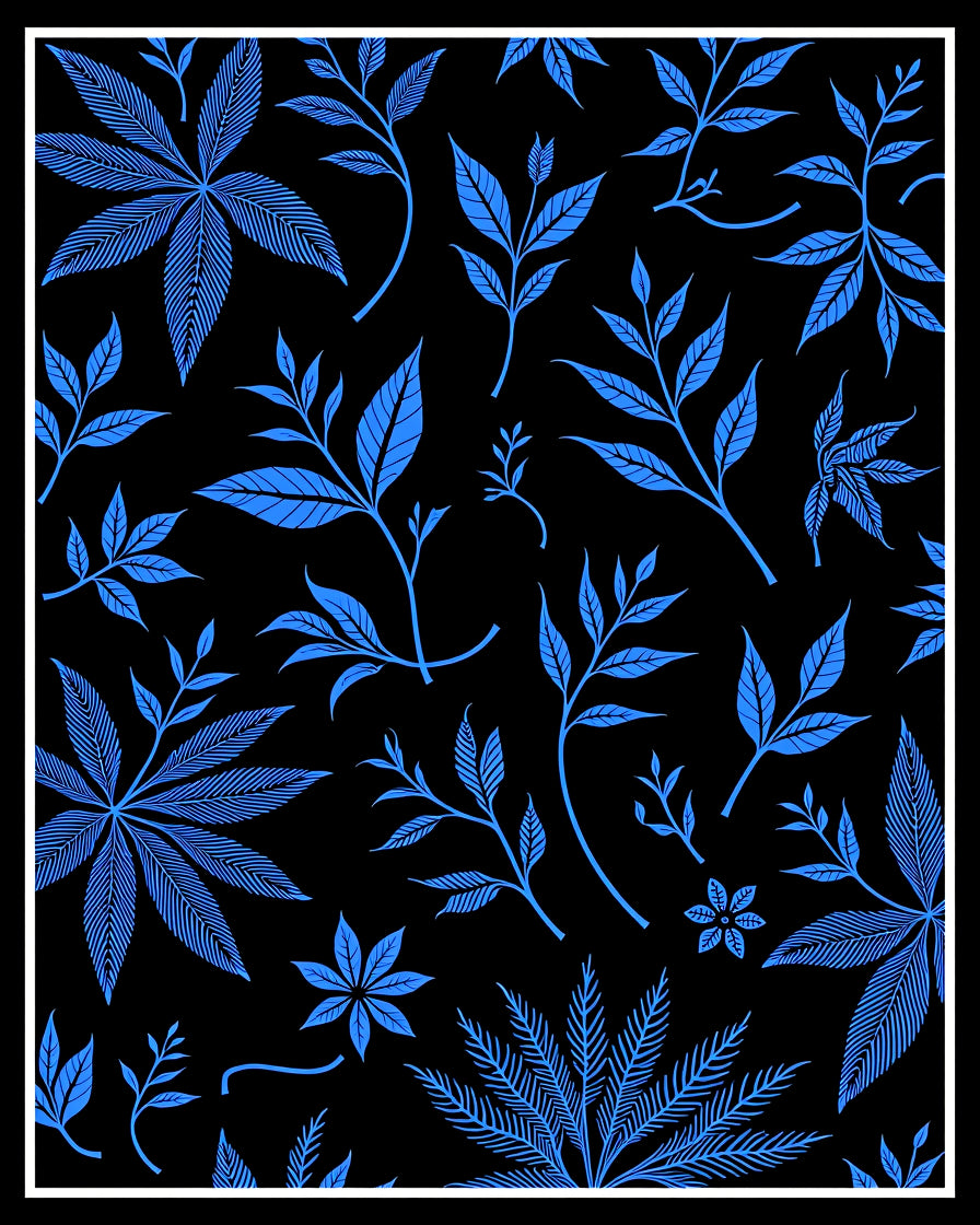 Midnight Jungle Wonderland With Exotic Blossoms Illustrated (Blue) - ODIKA