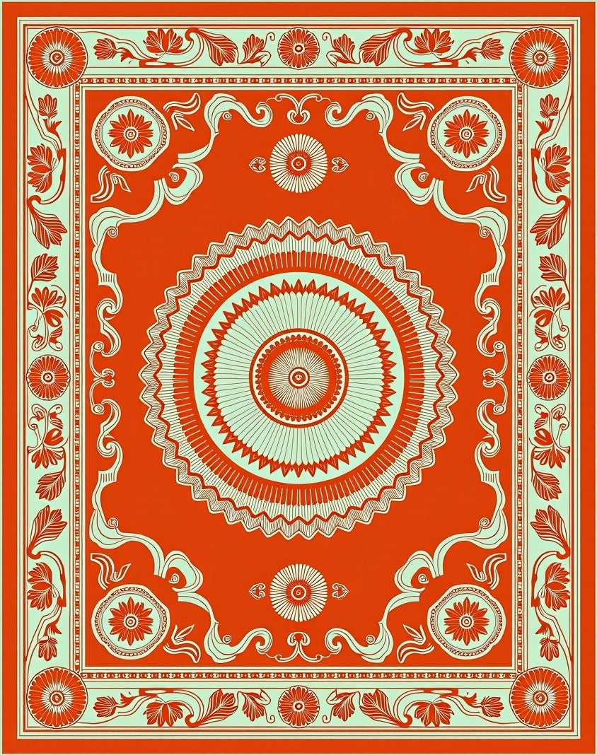 Tapestry with Stylized Lotus and Curved Florals (Orange) - ODIKA