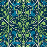 Botanical Wave with Stylized Floral Leaves and Curving Vines (Blue)