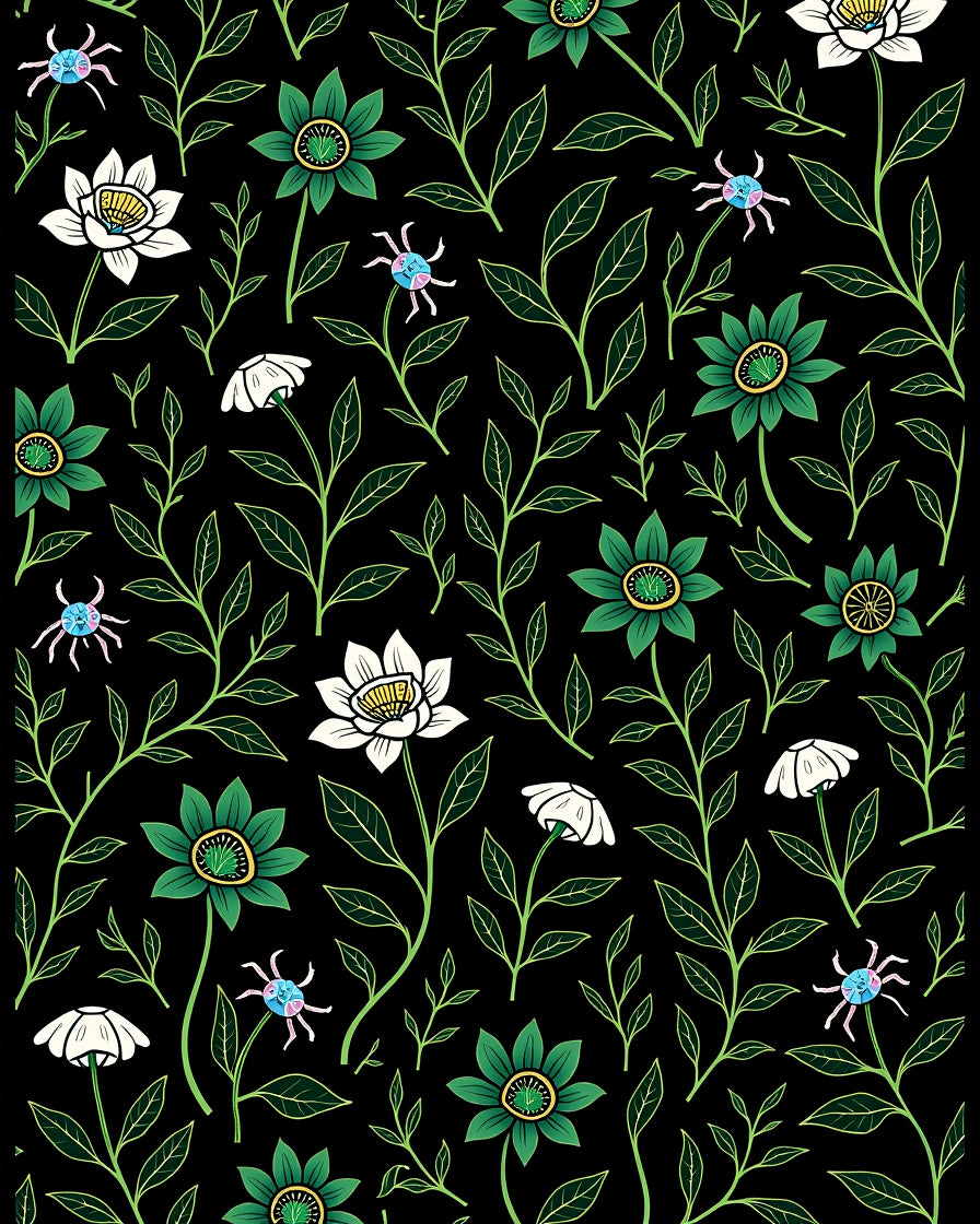 Enchanted Jungle Lotus and Mushroom with Beetle Accents (Black) - ODIKA