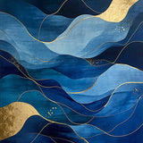 Contemporary Abstract Area Rug with Blue Waves and Gold Veins Pattern(Blue)