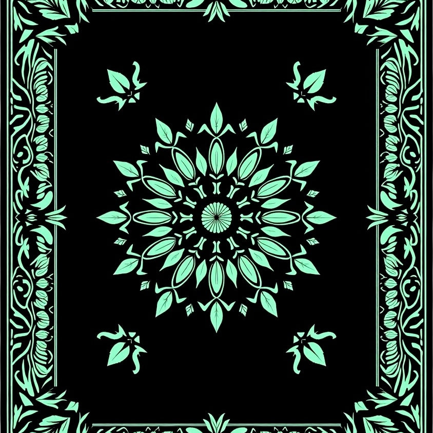 Botanical Leaf Medallion with Intricate Vine Border Design (Black) - ODIKA