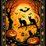 Spooky Halloween Coir Rug Black Cats & Pumpkins Welcome Mat(Black)