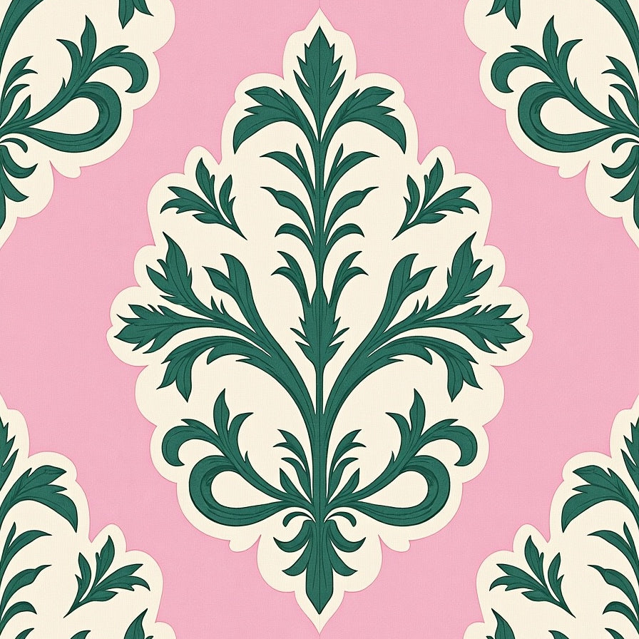 Machine Distressed Damask with Faded Botanical Scrollwork (Pink) - ODIKA