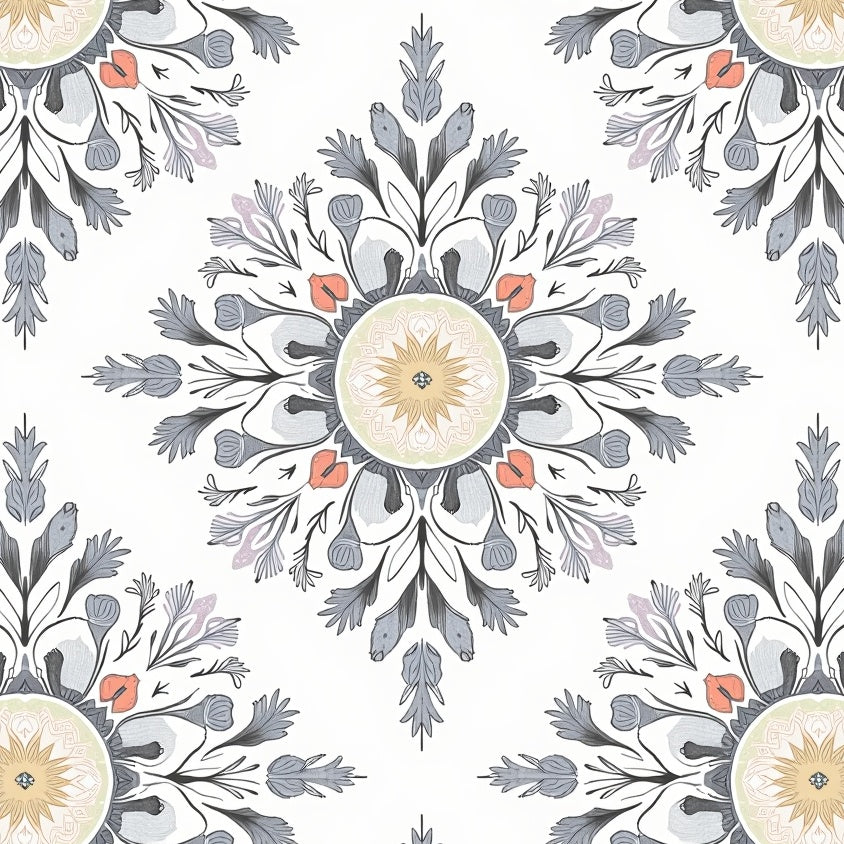 Distressed Vintage Floral Medallion Featuring Ornate Botanical Motifs (Gray) - ODIKA