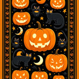 Wicked Halloween Pumpkin Runner Rug with Sinister Black Cat and Moon Motifs(Black)