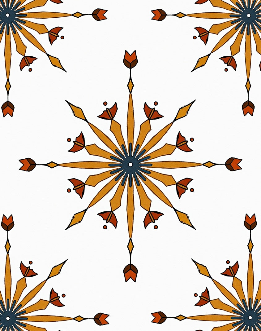 Weathered Compass Rose with Radiating Petal Starbursts (Orange) - ODIKA