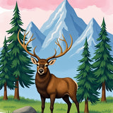 Dreamy Mountain Elk Pine Tree Landscape Floor(Brown)