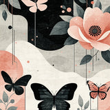 Chic Flower Fantasy Area with Abstract Insect Silhouettes and Boho Flourish(Gray)