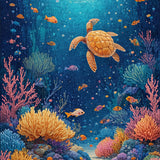 Exotic Ocean Ecosystem With Majestic Turtles Exploring Vivid Coral Garden(Blue)