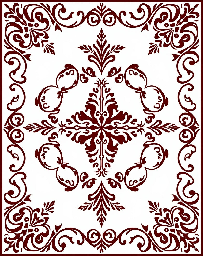 Classical Damask Heritage Design with Scrollwork Motifs (Maroon) - ODIKA