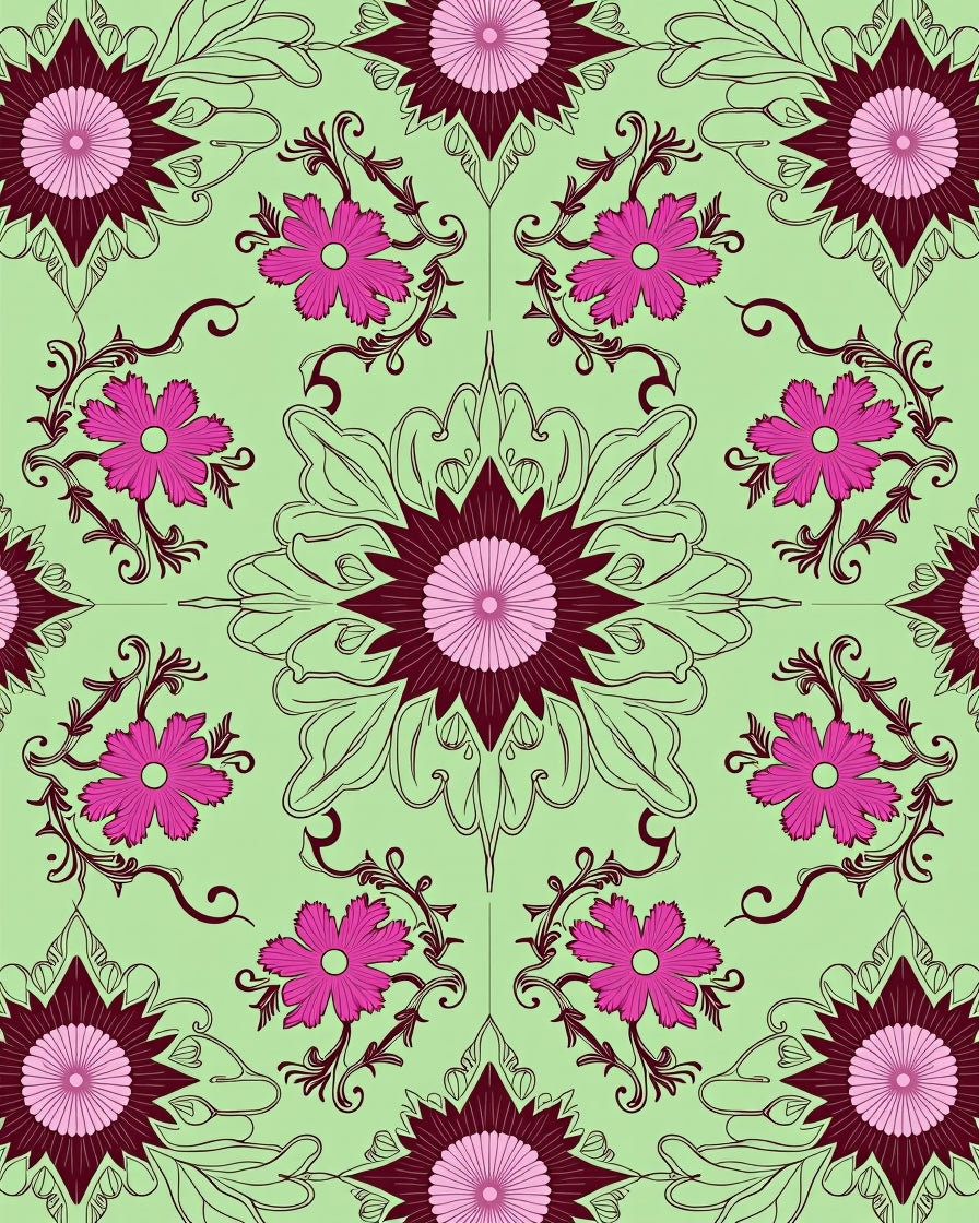 Elegant Damask Blossom with Intricate Vine Motifs (Green) - ODIKA