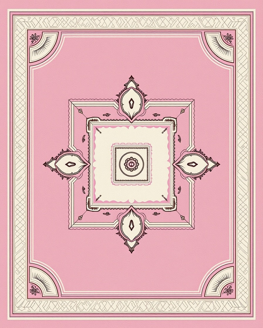 Distressed Medallion Trellis Motif with Faded Floral Accents (Pink) - ODIKA