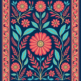 Tropical Folklore Botanical Fantasy with Stylized Ferns and Blossoms(Blue)