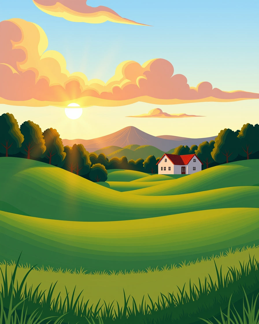 Farmhouse Valley Meadow Sunrise Countryside Road Trip Horizon (Green) - ODIKA